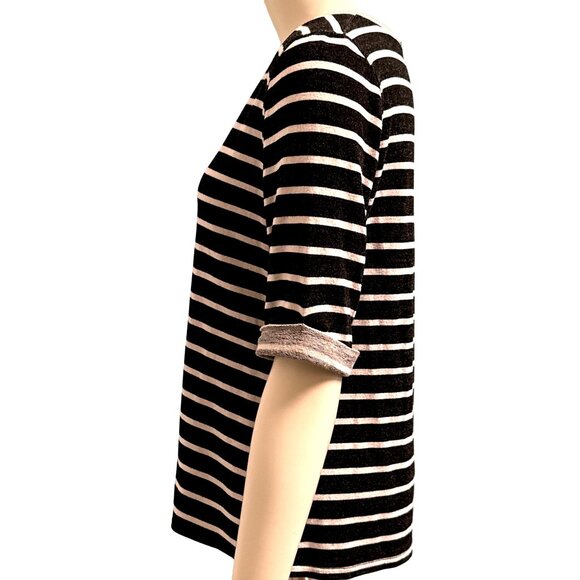 CCC Horizontal Black White Striped Blouse Zipper Back Rolled Sleeves Size Large - Picture 4 of 5